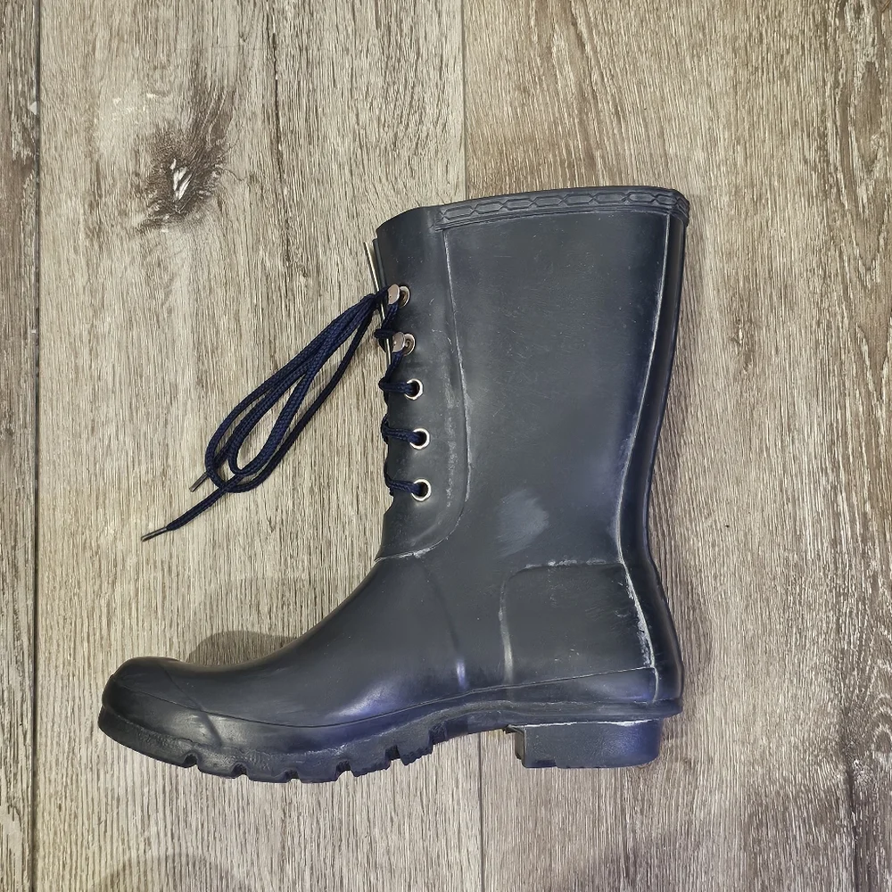 HUNTER Matte Navy Lace-Up Calf Rain Boots Festival Classic